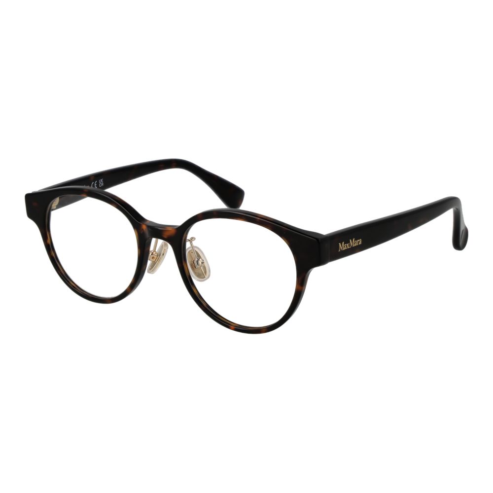 Max Mara Brown Women Glasses Frame with acetate full-rim style and demo lenses, size 49-19-145, round shape.