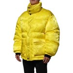 Dolce & Gabbana Yellow Nylon Logo Puffer Bomber Men Jacket with high collar and front flap pockets.