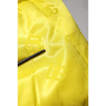 Close-up of Dolce & Gabbana Yellow Nylon Logo Puffer Bomber Men Jacket in vibrant yellow with DG logo detailing.
