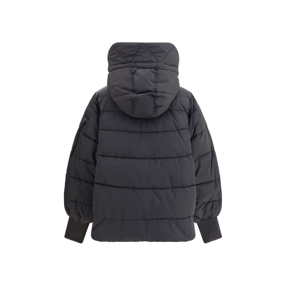 Back view of PINKO Logo Down Jacket showcasing quilted design, hood with visor, and knitted cuffs, ideal for winter protection.