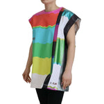 Dolce & Gabbana Multicolor Print Blouse Cotton Tank TV Print T-shirt, colorful sleeveless top, logo detail, blue stain on back.