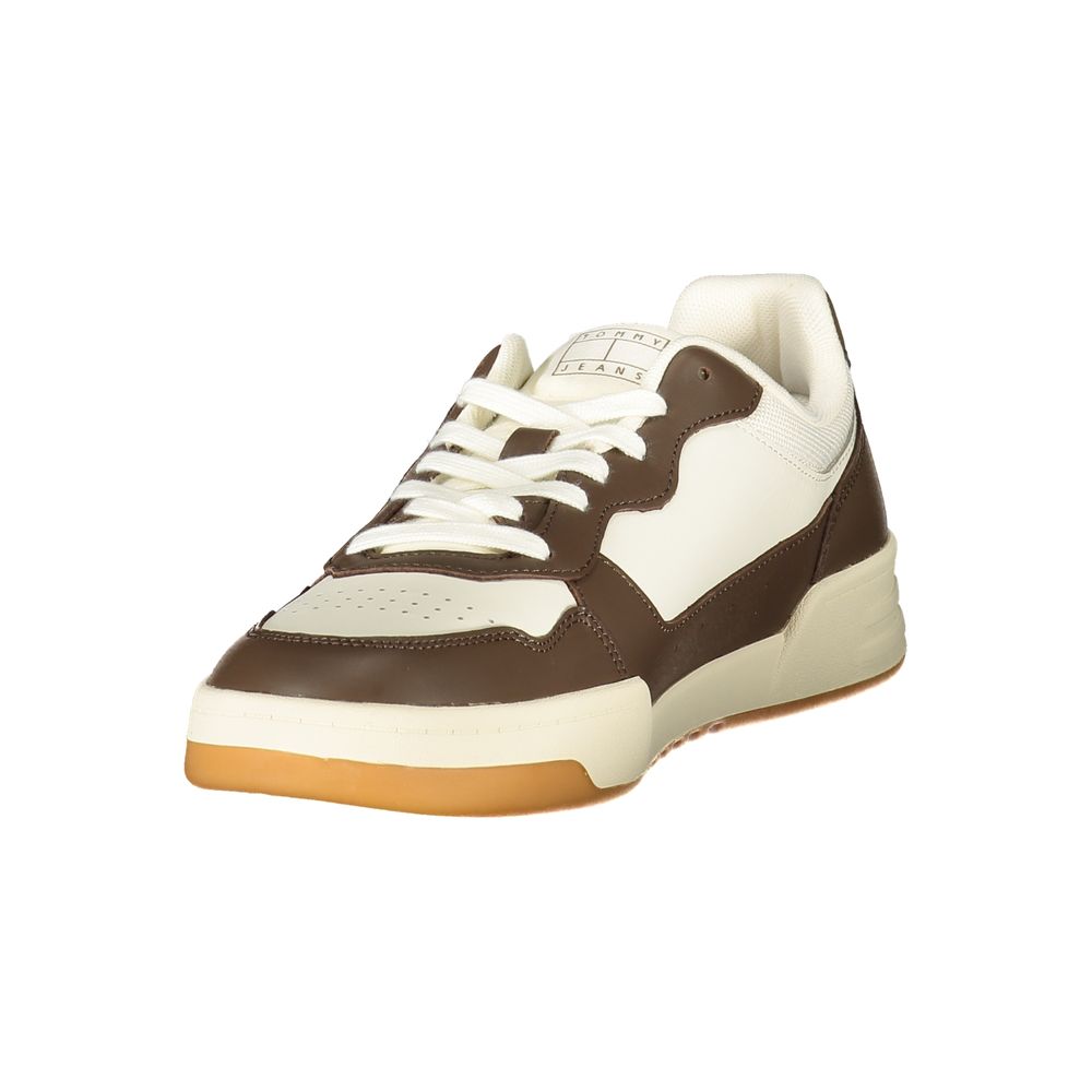 Tommy Hilfiger White Leather Men Sneaker with brown accents and logo, featuring a modern design for style and comfort