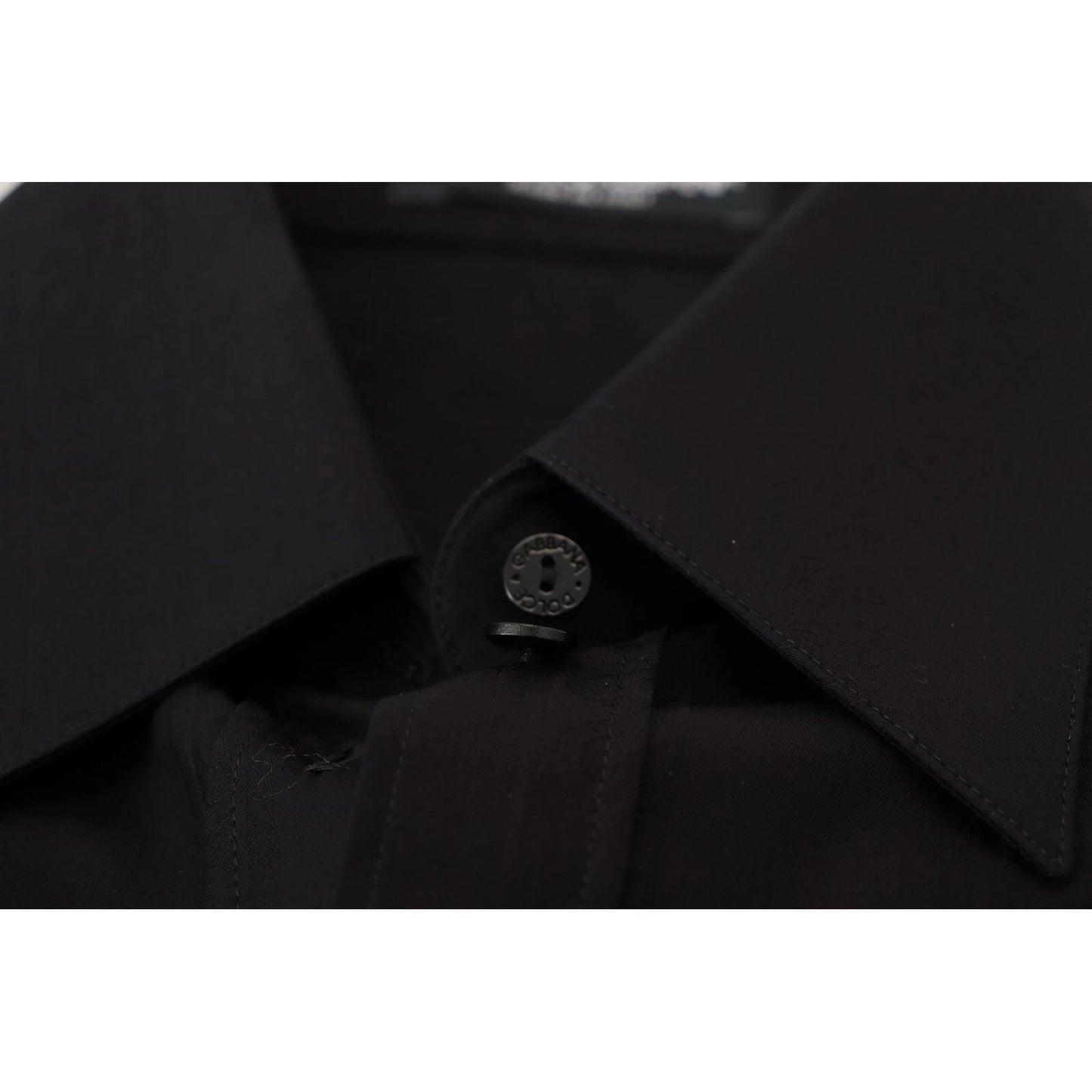 Close-up of Dolce & Gabbana Black Cotton Collared Long Sleeves Shirt showing collar and button details.
