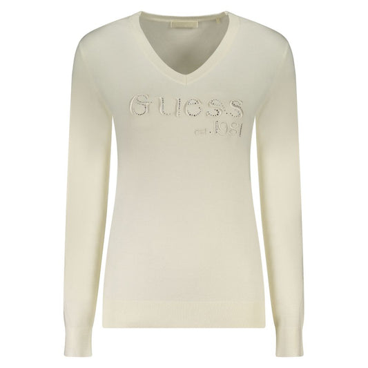Guess Jeans White Viscose Women Sweater with embroidery and rhinestones, long-sleeved V-neck for stylish versatility and luxury.