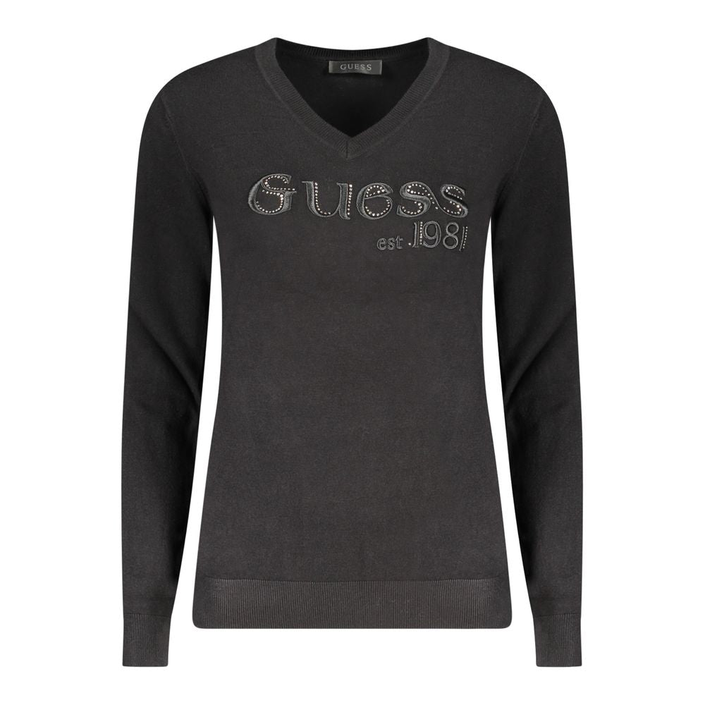 Guess Jeans Black Viscose Women Sweater with V-neck, embroidery, and rhinestones.