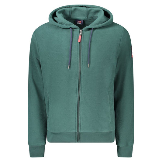 Alt Tag: Norway 1963 Green Polyester Men Sweater with hood and zip, featuring subtle embroidery. Ideal for smart-casual urban style.
