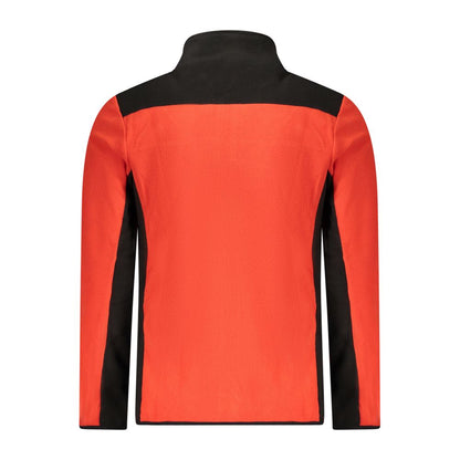 Rear view of Norway 1963 Red Polyester Men Sweater with black contrasting details and long sleeves.