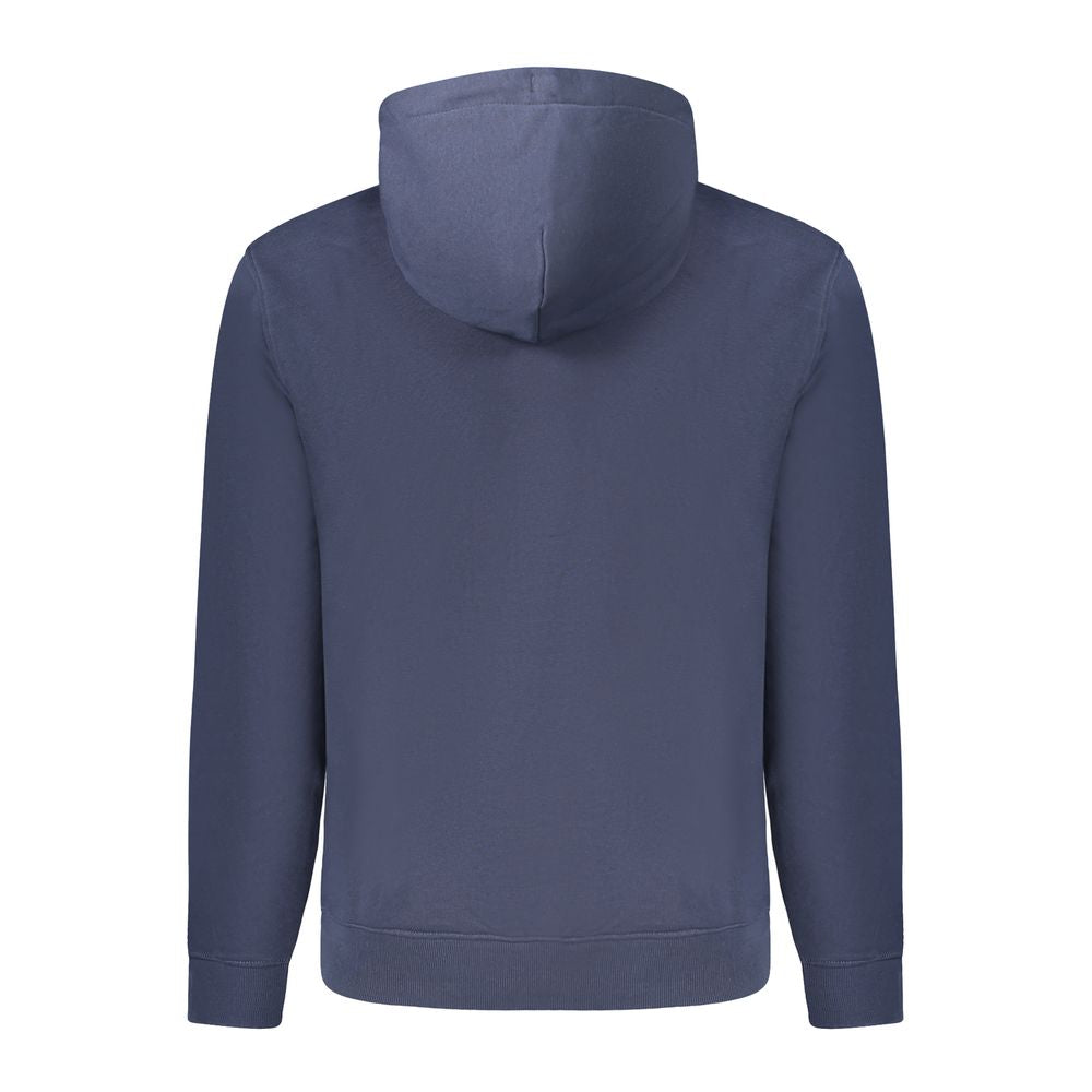 Back view of Tommy Hilfiger Blue Cotton Men Sweater, featuring hood and long sleeves in bold blue.