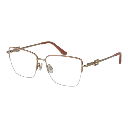 Guess Pink Women Glasses Frame in rose metal half-rim square style with demo lenses, size 55-16-140, includes branded case.
