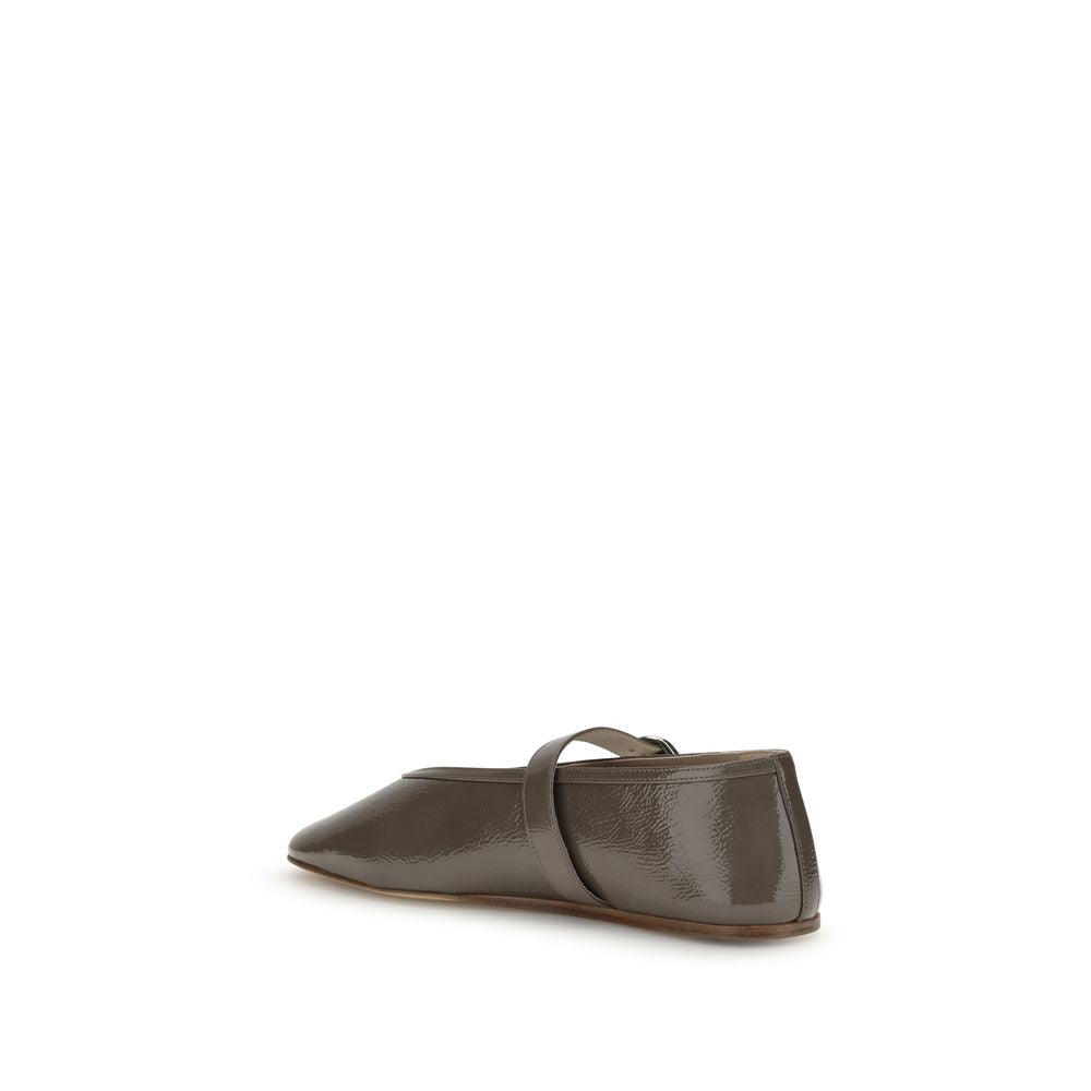 Le Monde Béryl Brown Calf Leather Bos Taurus Ballet Flats with beveled toe and adjustable strap, perfect for elegance and comfort