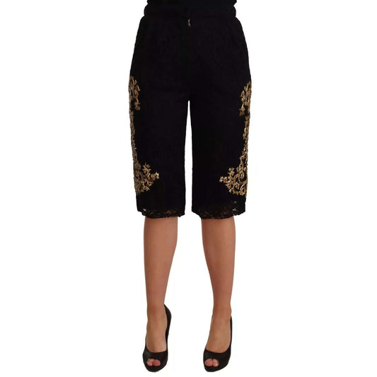 Dolce & Gabbana Black Lace Gold Baroque SPECIAL PIECE Shorts with intricate patterns and zipper closure, made in Italy, high craftsmanship.