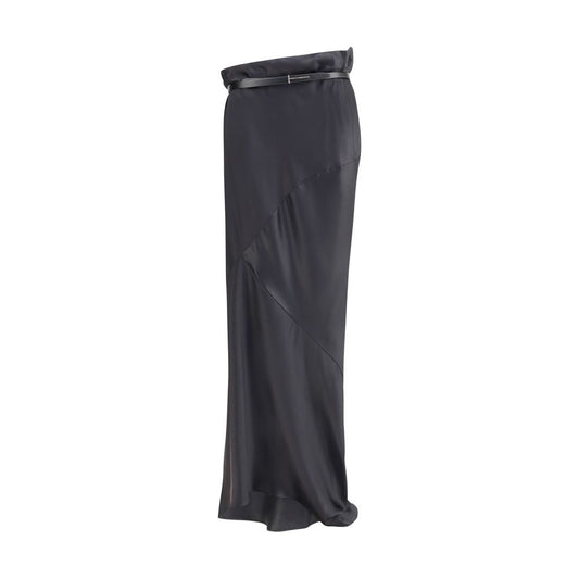 Tom Ford Satin long Skirt in black, featuring a flared silhouette and handmade side loops for a belt, crafted from 100% satin silk.