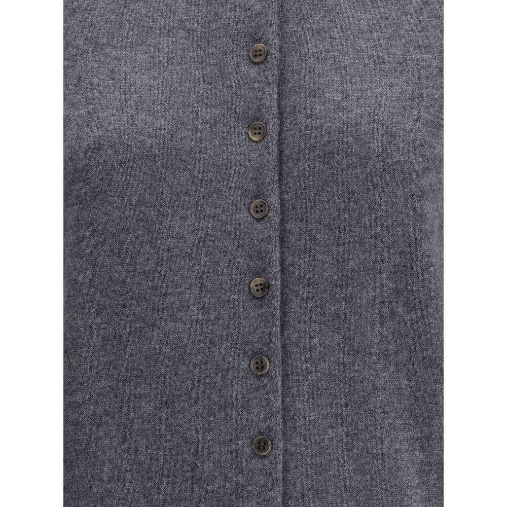 Lisa Yang Nellia Cardigan in grey cashmere with buttons, ribbed trim, and crew neck, showcasing elegance and timeless style.