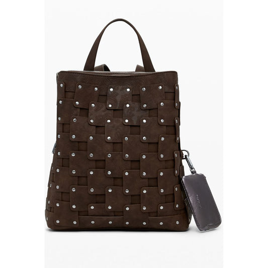 Desigual Brown Polyethylene Women Backpack with edgy studs and sleek brown detailing, ideal for fashion-forward trendsetters.