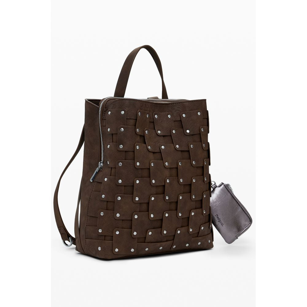 Desigual Brown Polyethylene Women Backpack with studs and adjustable straps, unique style for trendsetters, fashion-forward accessory.