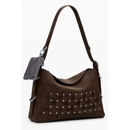 Desigual Brown Polyethylene Women Handbag with chic removable strap and coin purse, featuring eclectic design and magnetic closure for security.