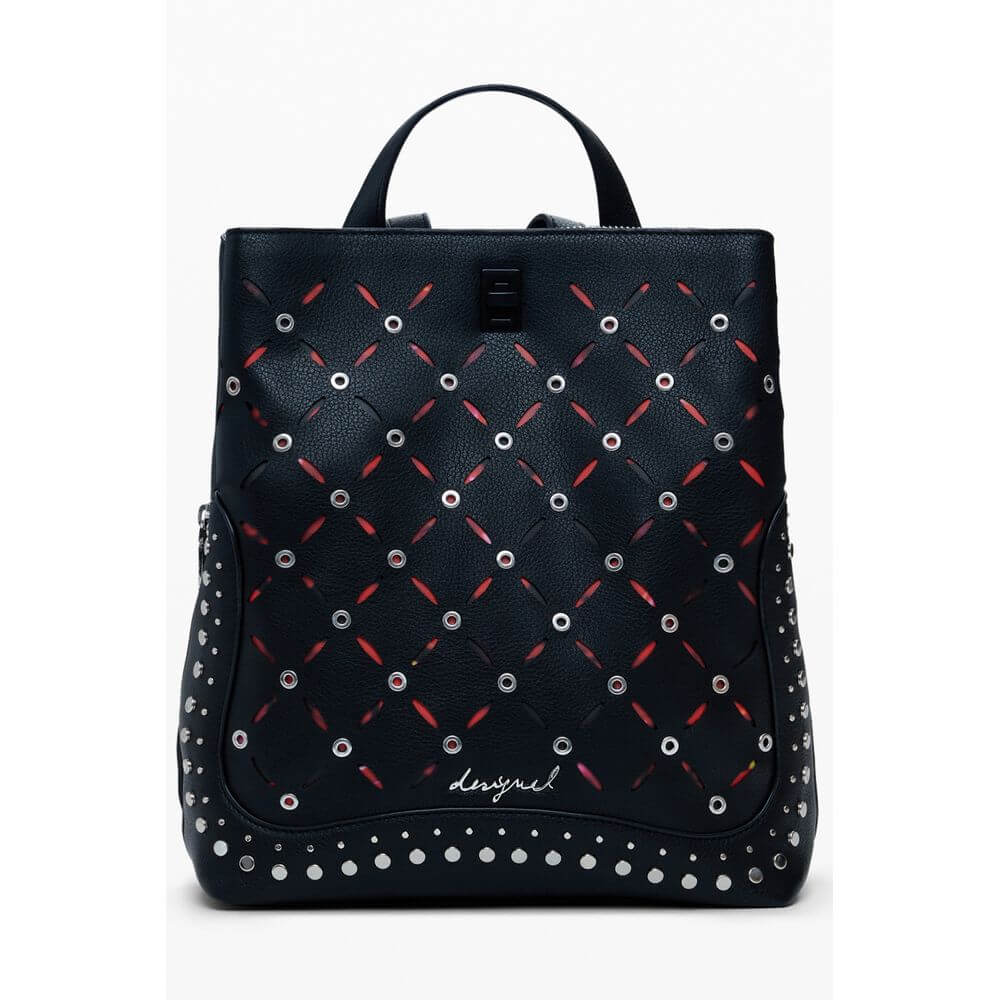 Desigual Black Polyethylene Women Backpack with studded design and adjustable straps