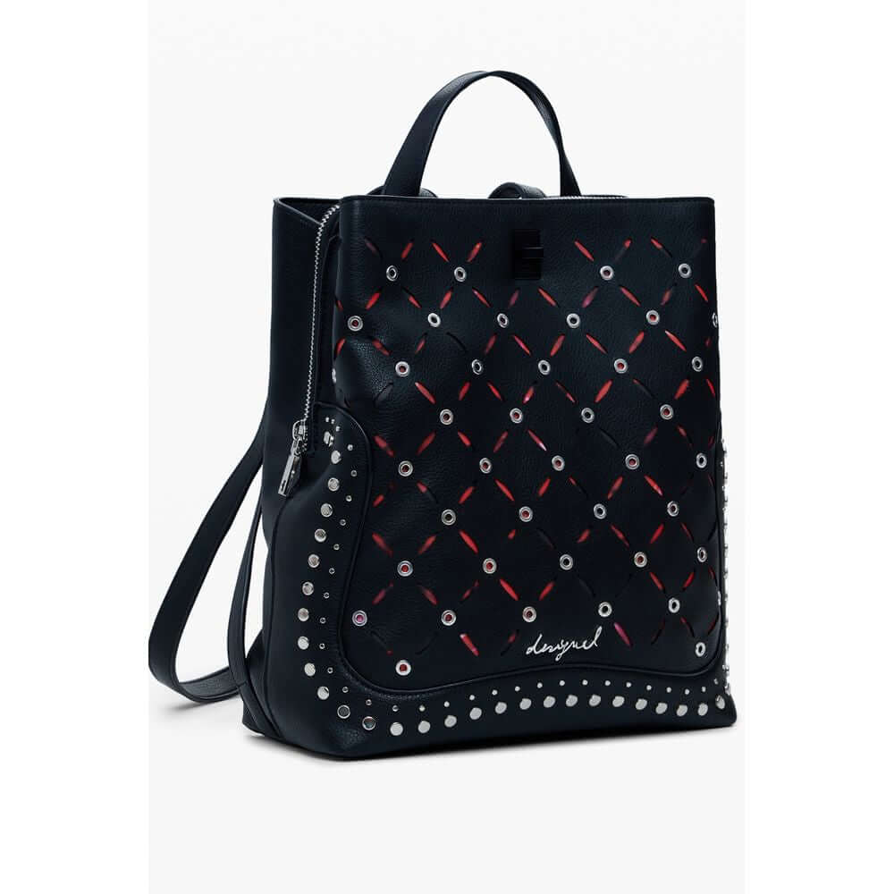 Desigual Black Polyethylene Women Backpack with studded finish and adjustable straps