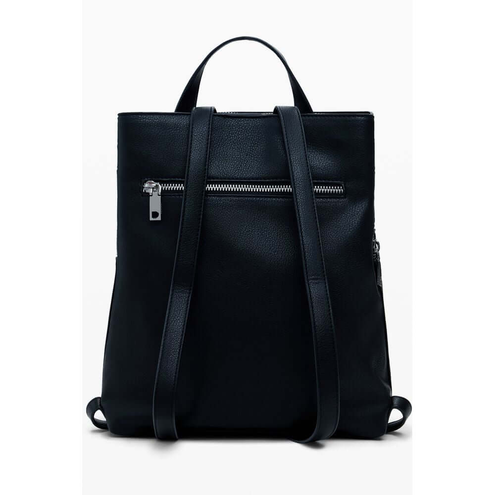Desigual Black Polyethylene Women Backpack with studded finish, adjustable straps, and external pocket for stylish practicality.