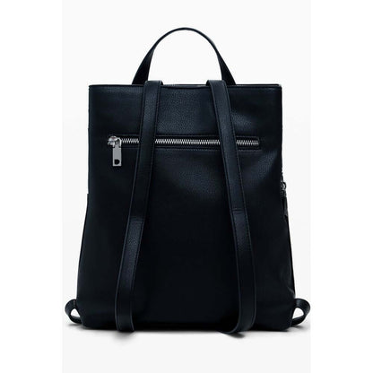 Desigual Black Polyethylene Women Backpack with studded finish, adjustable straps, and external pocket for stylish practicality.