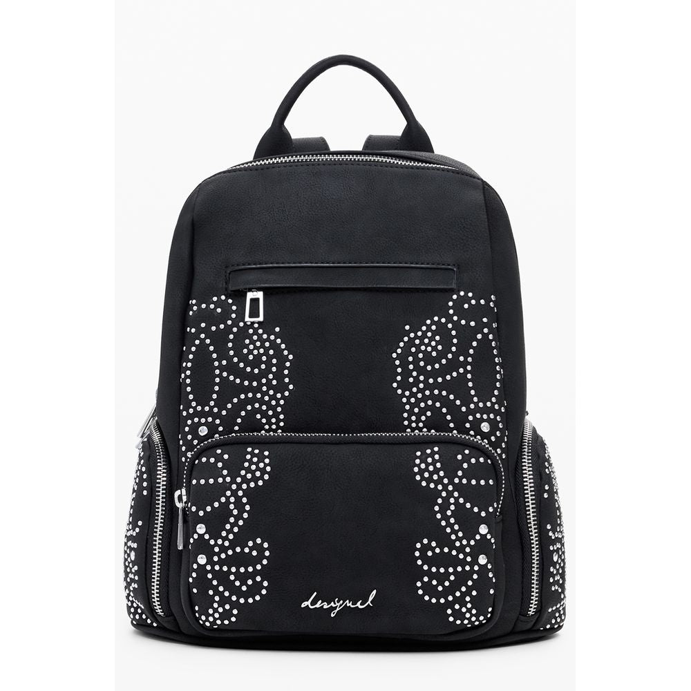 Desigual Black Polyethylene Women Backpack with studded design, zip closure, and organizational pockets for style and functionality.