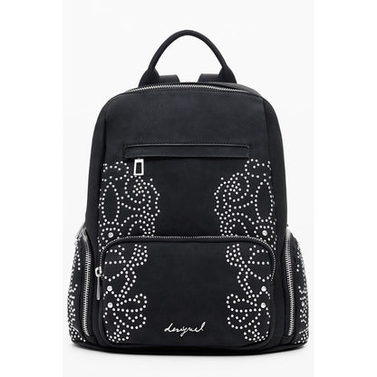 Desigual Black Polyethylene Women Backpack with studded design, zip closure, and organizational pockets for style and functionality.