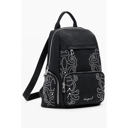 Desigual Black Polyethylene Women Backpack with studded design and zip closure, ideal for fashion-forward trendsetters.