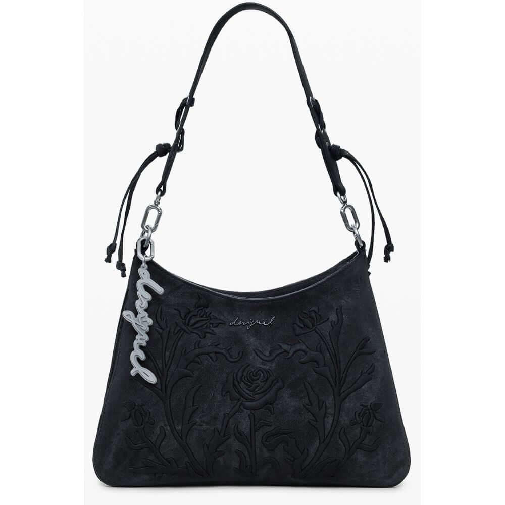 Desigual Black Polyethylene Women Handbag with floral embroidery, removable shoulder handle, and adjustable strap.