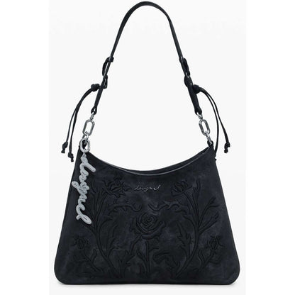 Desigual Black Polyethylene Women Handbag with floral embroidery, removable shoulder handle, and adjustable strap.