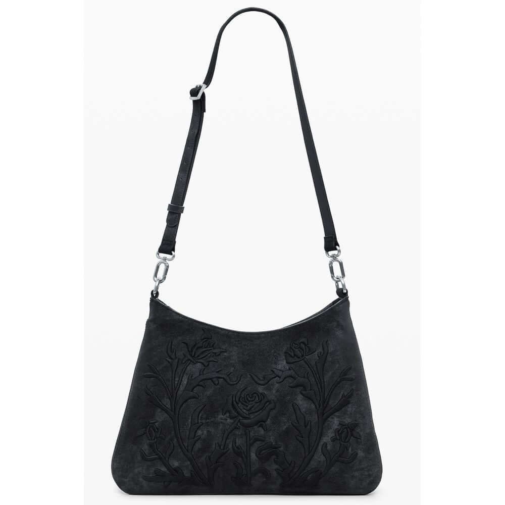 Desigual Black Polyethylene Women Handbag with floral embroidery and adjustable strap.