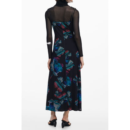 Desigual Black Polyester Women Dress with watercolor design, adjustable straps, and contrasting long-sleeved T-shirt.