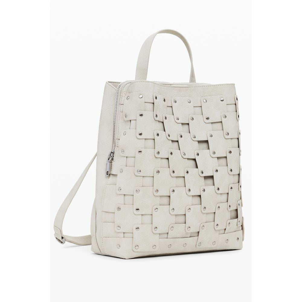 Desigual Beige Polyethylene Women Backpack with edgy design, contrast details, and studs, featuring adjustable straps and multiple compartments.