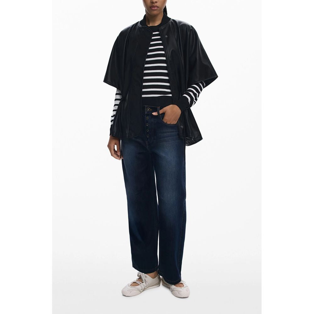 Desigual Black Polyethylene Women Poncho with flattering drawstring waist, chic short sleeves, and embossed print design.