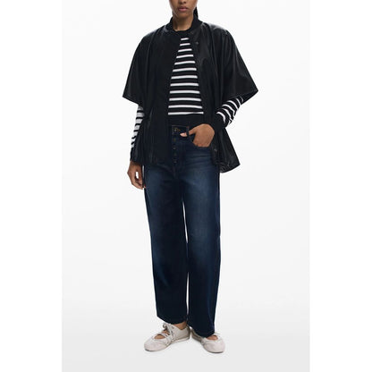 Desigual Black Polyethylene Women Poncho with flattering drawstring waist, chic short sleeves, and embossed print design.