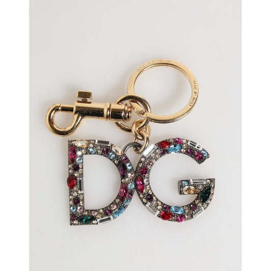Dolce & Gabbana Multicolor Crystal DG Logo Gold Keychain Charm Keyring with sparkling crystals and polished gold tone.