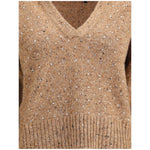 Brown PINKO V-neck Sweater with rhinestones, featuring a polo-style collar, soft jacquard fabric, and ribbed hem and cuffs.