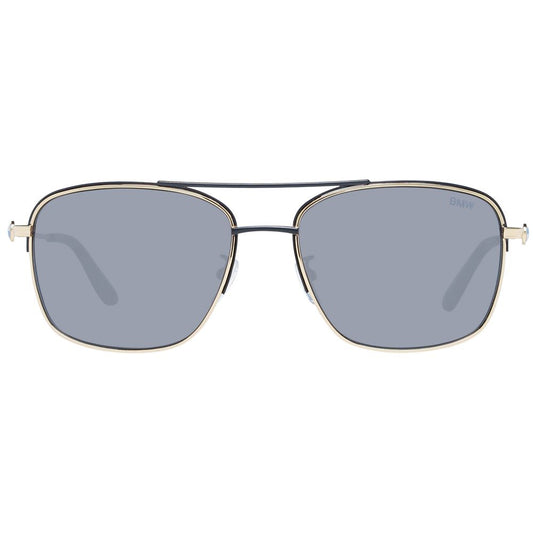 Alt Tag: BMW Gold Men Sunglass with metal gold frame and grey plastic lenses, full-rim aviator style, UVA & UVB protection, size 60-18-150mm.