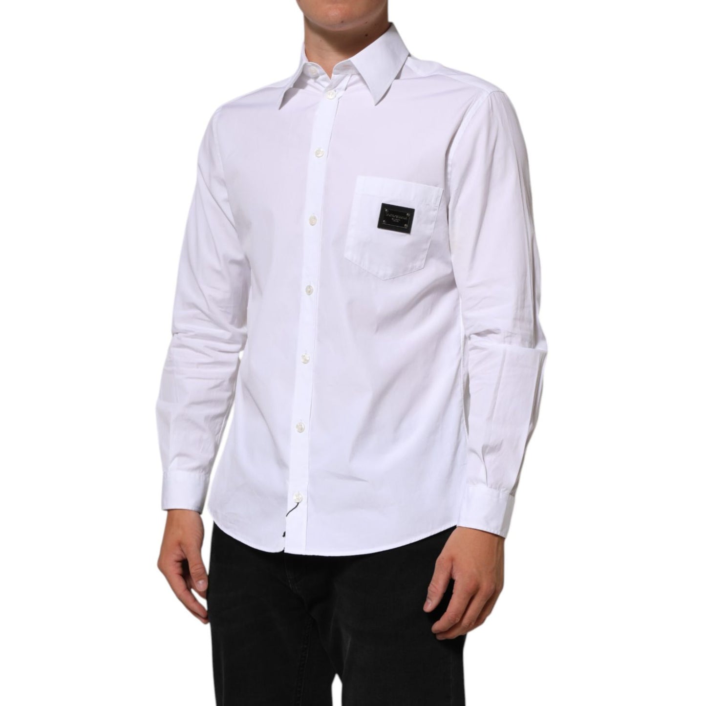 Dolce & Gabbana White Logo Plaque Collared Formal Dress  Shirt