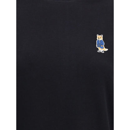 Maison Kitsuné Black Cotton T-Shirt with embroidered dressed fox patch, ribbed crew neck, 100% cotton, AW25 season.