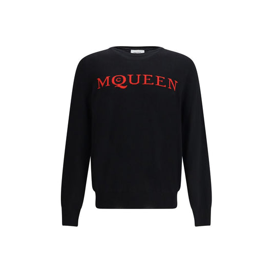 Alexander McQueen Black Wool Sweatshirt with red logo on front, ribbed crew neck, hem, and cuffs for a comfortable, luxurious fit.