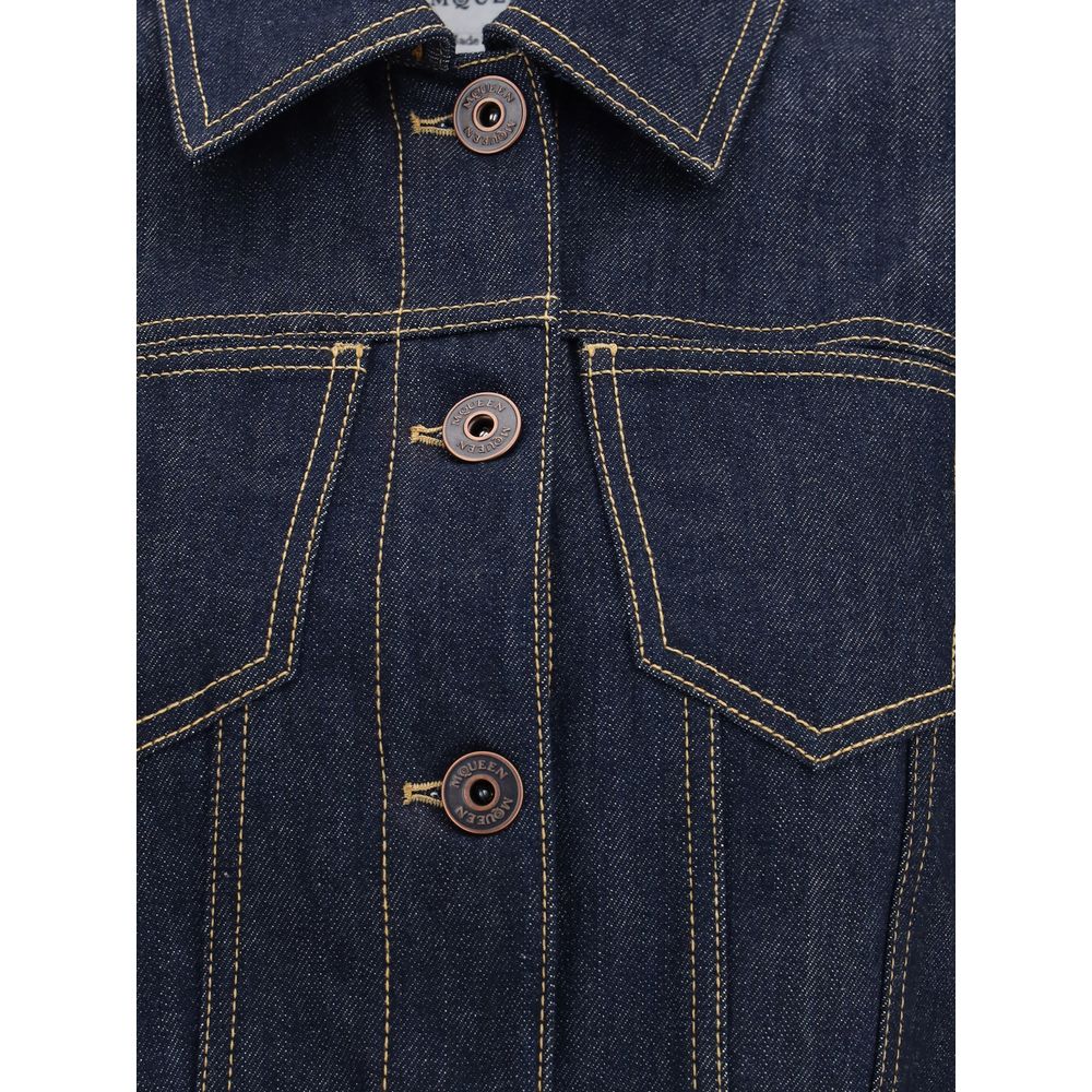 Detail of Alexander McQueen Blue Cotton Denim Jacket with contrast stitching and button closure