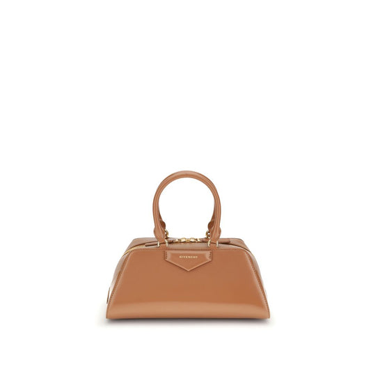 Givenchy Brown Calf Leather Bos Taurus Handbag with structured design and articulated handles, featuring embossed signature.
