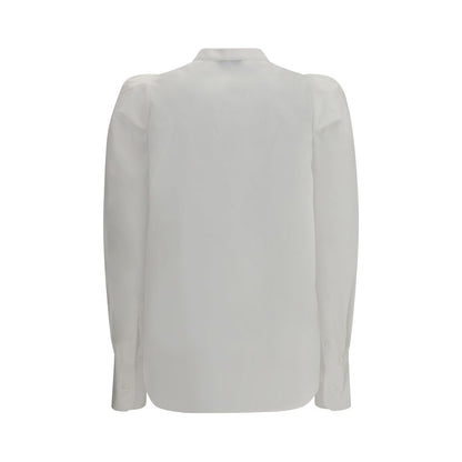 Back view of Alexander McQueen White Cotton Dress Shirt with mandarin collar and ruffled shoulders, slim fit.