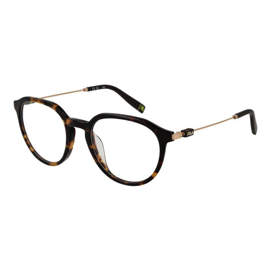 Fila Brown Unisex Glasses Frame, full-rim panto style, metal and plastic material, demo lenses, size 50-20-145 with brown frame color