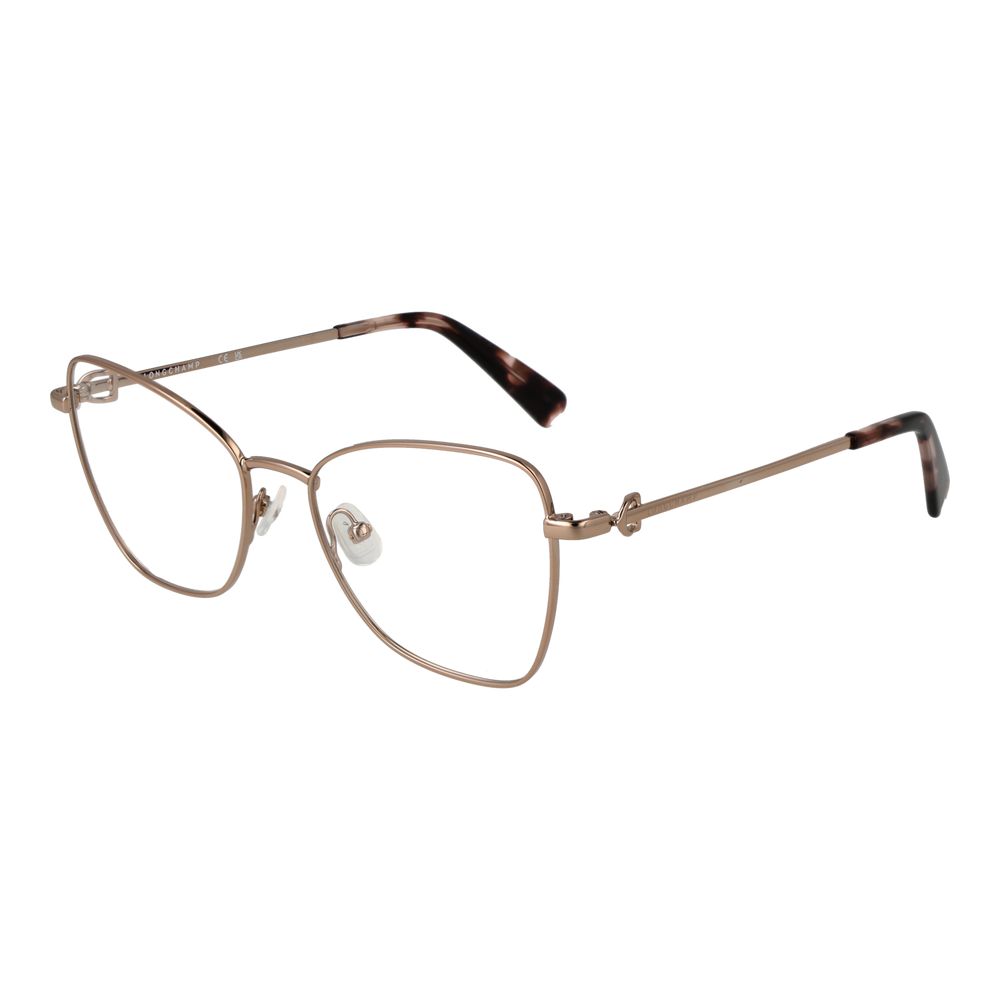 Longchamp Gold Women Glasses Frame, full-rim metal butterfly style with demo plastic lenses, ideal for sophisticated and elegant look.