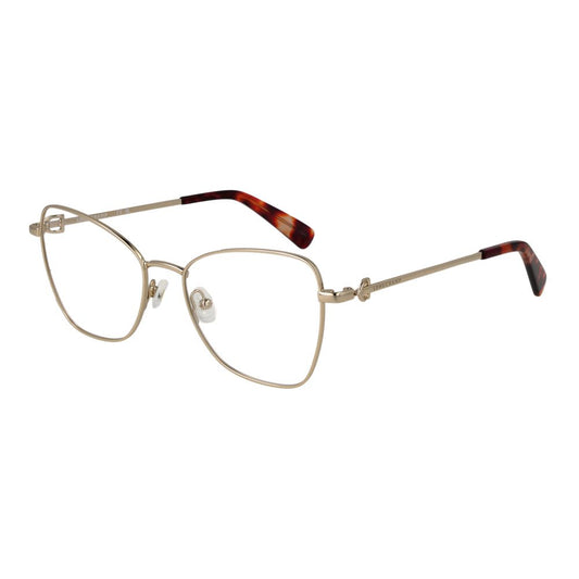 Longchamp Gold Women Glasses Frame with full-rim metal design, size 52-17-140, butterfly style, no spring hinge, includes branded case.