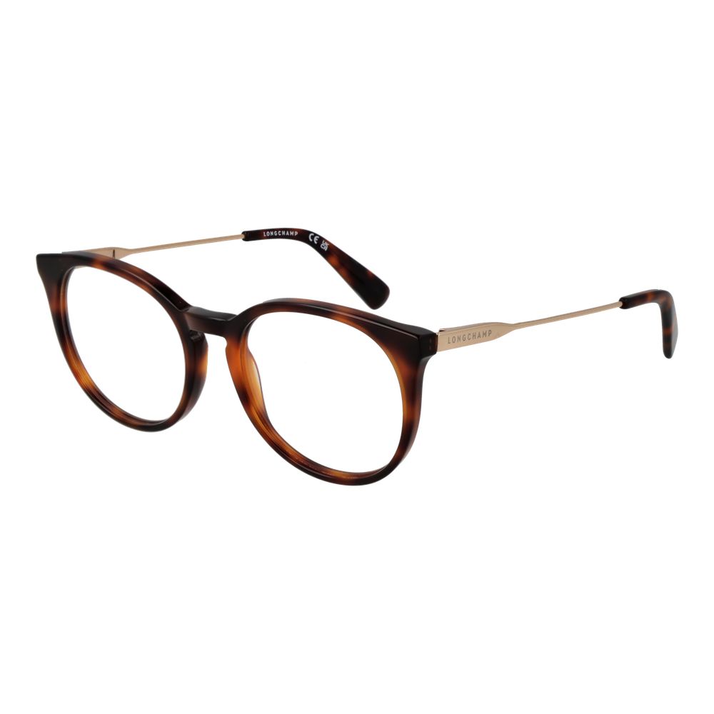 Longchamp Brown Women Glasses Frame in full-rim metal, demo lenses, and branded temples, panto style with 51-18-140 size.