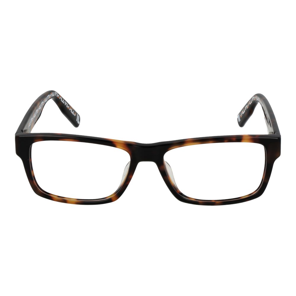 Fila Brown Men Glasses Frame in rectangular full-rim cellulose acetate with demo lenses, spring hinge, and size 52-15-145.