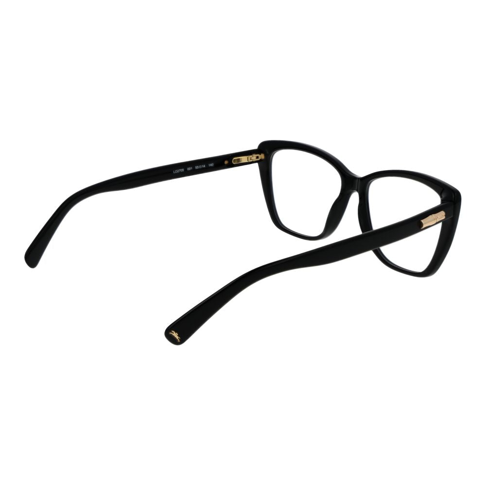 Longchamp Black Women Glasses Frame, acetate cat eye design with full-rim style, demo lenses, spring hinges, and 53-14-140 size.