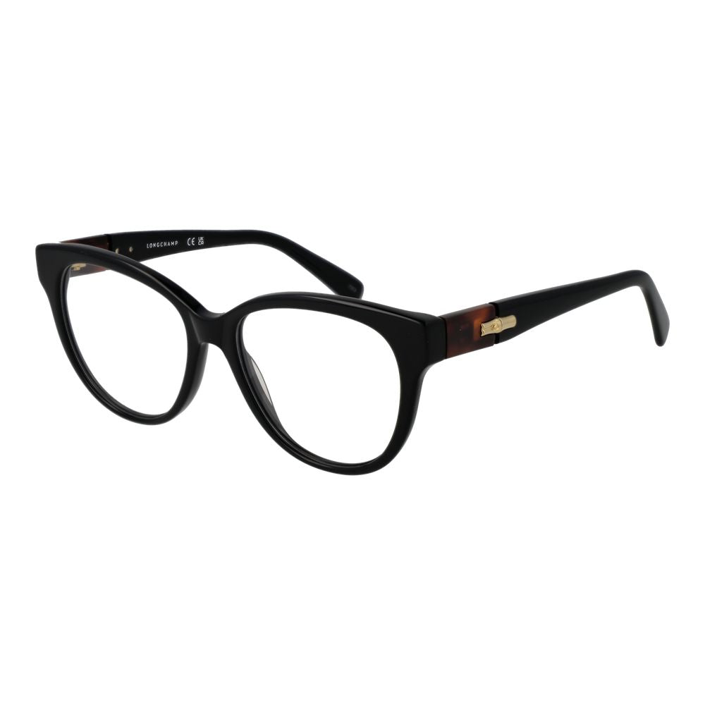 Longchamp Black Women Glasses Frame, full-rim panto style, acetate material, size 53-16-140, demo lenses, sleek design.